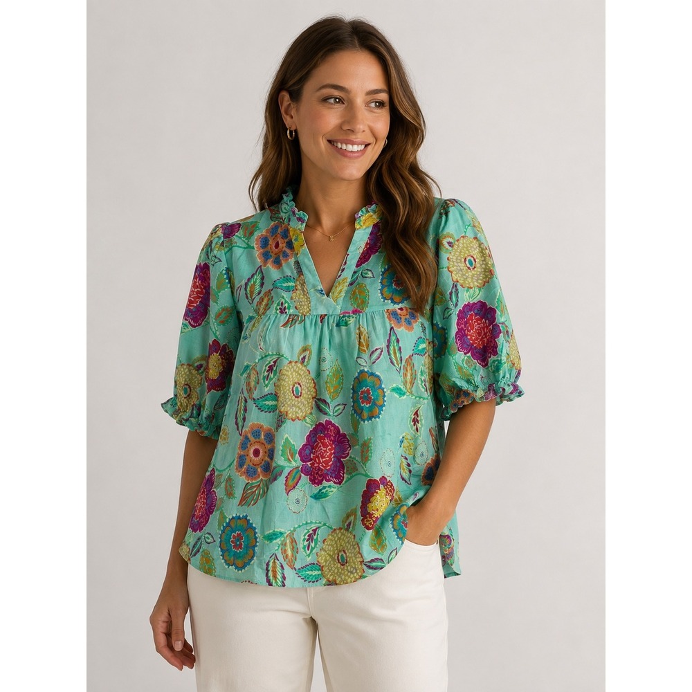 THML Floral Puff Sleeve Blouse Aqua Green Boho Cottagecore Top Kids Large L